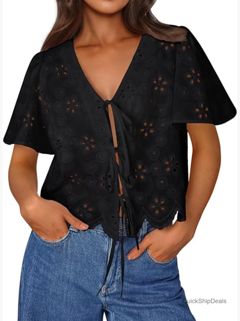 Boho Eyelet Embroidered Tie Front Crop Top Blouse Summer Beach Vacation